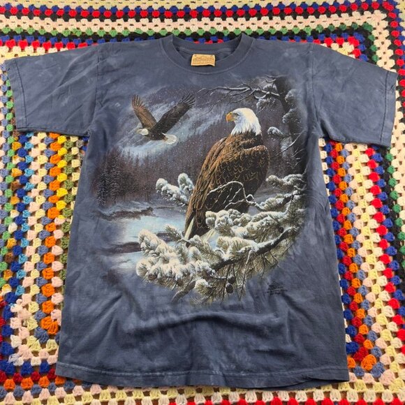 Vintage 90s The Mountain Bald Eagle Winter Snow Nature Wildlife T-Shirt M - Picture 1 of 6